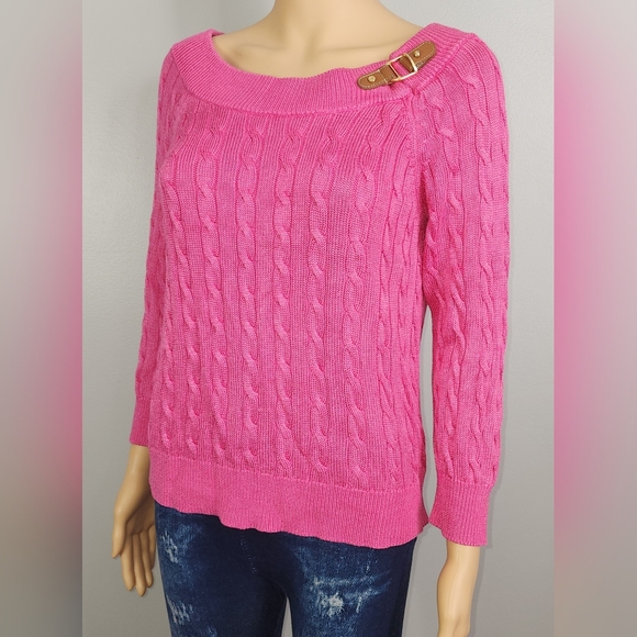 Lauren Ralph Lauren Pink Cable Knit Buckle Detail Sweater Size Small - Picture 2 of 11